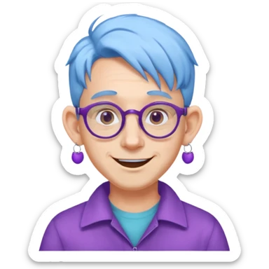 light blue haired man mid length hair with big ears and purple earrings and spectaclesi happy sticker