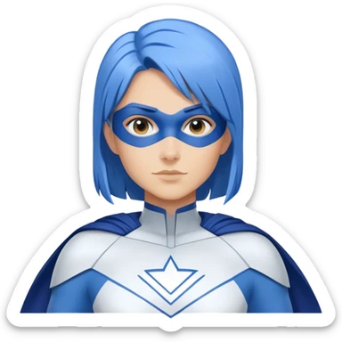 A close-up emoji of a friendly woman with blue hair (no eye mask) wearing a minimalist blue and white superhero costume with wide shoulders. The costume has a large empty area on the chest for the logo, uses only blue and white colors, and has minimal details. sticker