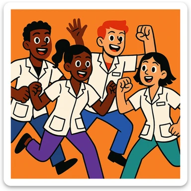 quatre étudiants infirmiers, blouses blanches manches courtes, pas de sous-pull ni stéthoscope, posture dynamique, vibrant toon sticker