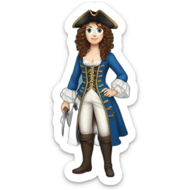 Pirate woman in 18th century, blue eyes, brown medium wavy hair, blue white costume sticker