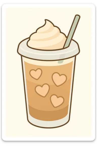 An iced latte in a transparent matte glass, showing how the milk and coffee mix, with heart-shaped ice touching the inner walls of the glass, and a clear lid with a transparent straw on top. Use soft and pastel tones. Make the emoji image resemble the basic set of smileys like on the iPhone. sticker