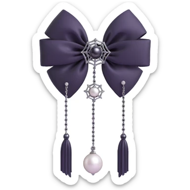 3D emoji gothic bow, white silk, silver spiderweb brooch, black chain fringe, dark pearl details sticker
