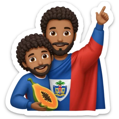 A very happy papaya hugging a medium dark skinned man with dark curly hair with a beard and Dominican flag behind them sticker