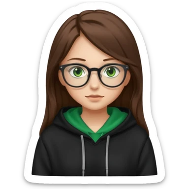 Girl with long brown hair, green eyes, glasses and a black hoodie on sticker