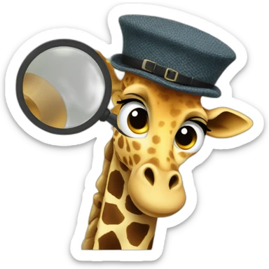 A tall, spotted giraffe wearing a tweed detective's cap, peering through a magnifying glass. sticker