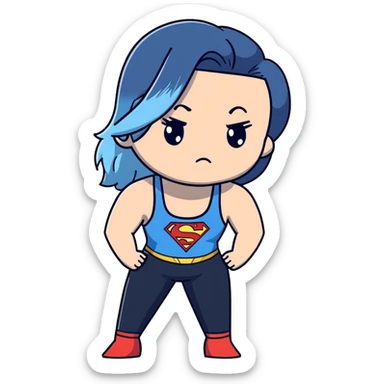 Adult female-very very very large upper body-Beautiful-shameful look on face-very long and very straight black to sky blue ombre hair-blue sad eyes-cute sky blue lowcut tanktop-black with superman logo- leggings sticker