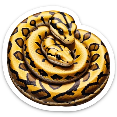 A photo-realistic top-down view of a Ball Python gently coiled into a tight spiral, with its head resting peacefully at the center. Its scales are warm brown with bold, irregular black markings, including the distinctive “alien-head” pattern, flowing smoothly along its body.  sticker