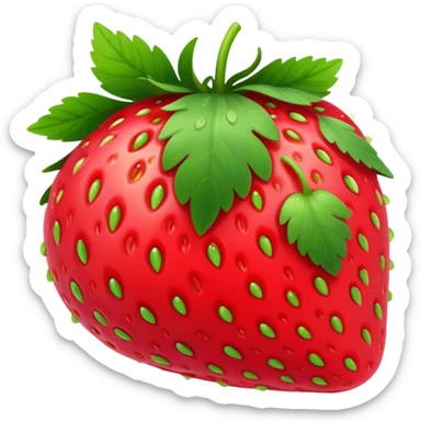 Cinematic Realistic Strawberry Emoji, Plump and juicy, with a deep red color and small, fresh seeds dotted across the skin. Its glossy, sweet surface catches the light, while bright green leaves top off the perfect, delicious berry. Soft glowing outline, capturing the essence of sweetness and freshness in a bright strawberry! sticker