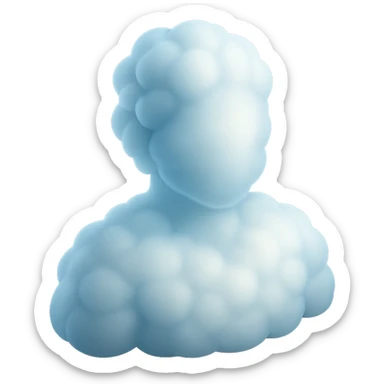 person made entirely of white fluffy convex clouds, shoulders up, front view, matte glass style sticker