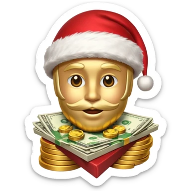 A confident rich emoji face wearing a Santa hat, money stacks, casino vibe, New Year theme, premium 3D emoji style, sharp details, no t sticker