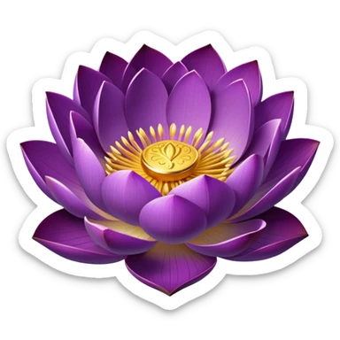 Elegant purple lotus flower with rich violet petals and golden center, accompanied by botanically accurate lotus leaf with distinctive notch and upturned edges sticker