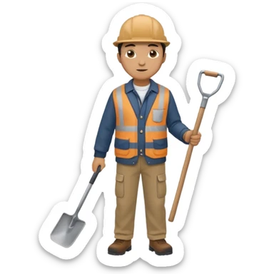 male worker 1950, wearing a flat cap, jacket and trousers, standing holding a shovel sticker