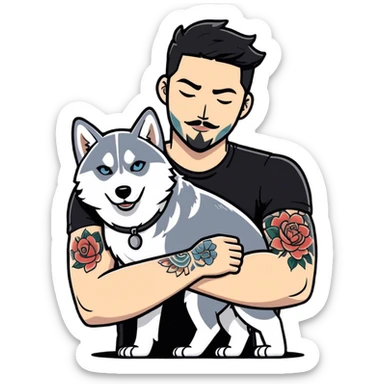 Tattooed arms man hugging a husky sticker