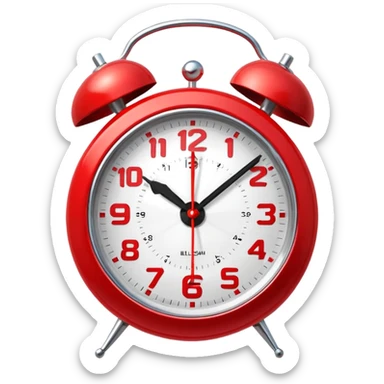 “Classic alarm clock emoji ⏰ in clean 3D style, smooth rounded clock body, bright red color, shiny metallic bells, ultra-glossy plastic texture, reflective surface, clear clock face with simple hands, soft studio lighting, subtle highlights, cute emoji proportions, ultra-polished 3D look,  sticker