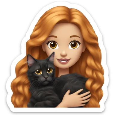 Barbie girl with long ginger hair Holds in her arms Black Maine coon sticker