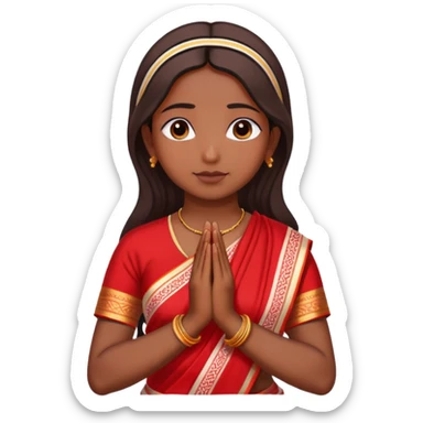 Bengali girl wearing traditional red and white saree with hands joined in prayer position sticker