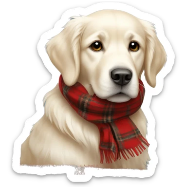 White golden retriever wearing a red plaid scarf sticker