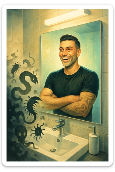 a man stands in a brightly lit bathroom, looking relieved and revitalized as he examines his reflection in the mirror. In the foreground, stylized, shadowy images of parasites (such as worms or protozoa) are shown leaving his body, dissolving into mist or fading away. His posture is upright and his expression is one of newfound energy and health. sticker