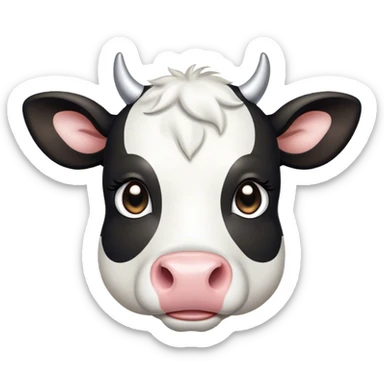 Cinematic Cute Black and White Cow Portrait Emoji, Head tilted playfully and inquisitively, featuring a glossy, contrasting coat of black and white, round, sparkling brown eyes filled with gentle curiosity, Simplified yet irresistibly adorable features, highly detailed, glowing with a warm, friendly glow, high shine, affectionate and serene, stylized with a touch of contemporary charm, bright and endearing, soft glowing outline, capturing the essence of a mischievous yet loving cow, so playful it feels like it could moo out of the screen and into your arms! sticker