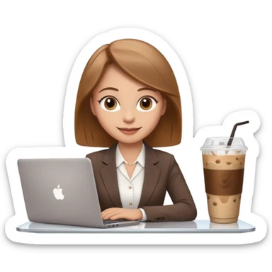 Women in front of laptop with a happy face, light brown hair, light brown big eyes, light skin with a iced coffee on the side, business attire sticker