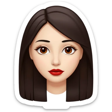 A woman emoji with fair skin, long straight dark brown hair parted in the middle, an oval-shaped face, arched dark eyebrows, almond-shaped brown eyes, a small nose, and full lips colored with red lipstick. sticker