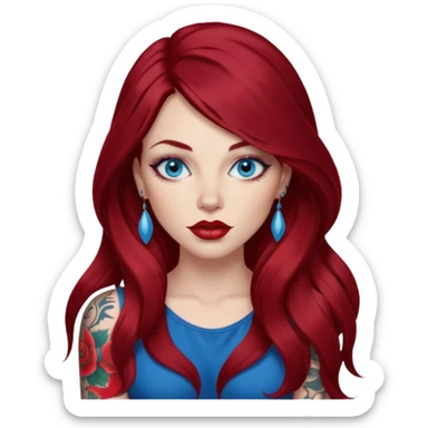 Female long burgundy hair, blue eyes, large red lips, tattoos, artist sticker