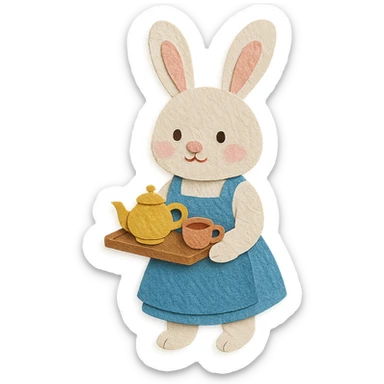 highly detailed, high quality paper craft style illustration of a white bunny in an apron holding a tea tray, intricate textures, soft lighting, delicate cut-paper details sticker