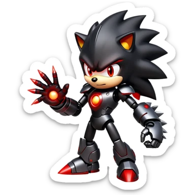 Robotic Shadow the Hedgehog with black metallic body, red glowing eyes, red energy streaks, and battle stance sticker