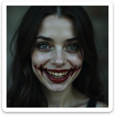 realistic horror portrait of a hauntingly beautiful woman with stitched lips, eerie smile, shadowy background, gothic horror sticker