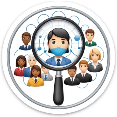 An icon featuring a network of interconnected people, a magnifying glass, and a chart, symbolizing sociology. The design includes diverse figures and social patterns, representing the study of society, behavior, and social structures. Transparent background highlights human interaction sticker