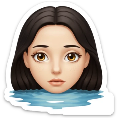 Woman submerged in black water, wet skin and eyes above surface, silent invitation sticker