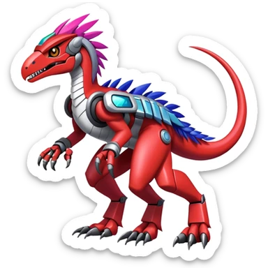 Furry feather-mane Cool Edgy Futuristic shiny colorful Digimon-Fakemon-Guilmon-Velociraptor-Mecha full body   sticker