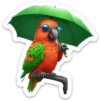 King parrot wearing sunglasses with an umbrella in the rain sticker