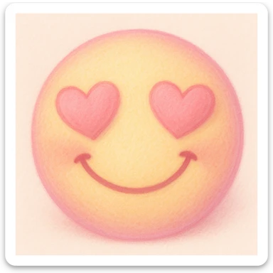 cute emoji, heart eyes, playful grin, pastel pink and yellow sticker