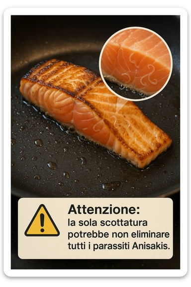 a close-up of a salmon fillet being lightly seared in a hot pan, with the outer layer cooked but the inside still raw. An inset magnifies the interior, showing visible Anisakis parasites surviving in the uncooked portion. A warning icon and educational text explain that searing alone may not eliminate all parasites. in italiano sticker