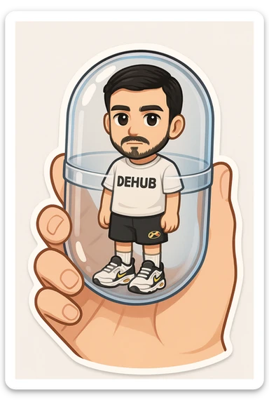 A highly detailed, all-glass gashapon capsule held between two fingers. Inside is a miniature chibi version of the person in the reference photo, with the same face, life-size chibi style. The chibi wears a white T-shirt with 'DEHUB', black 'Air Max' shorts, Air Max TN shoes, and white Nike socks. Emphasize the realism of the capsule and the collectible charm of the chibi figure inside. sticker