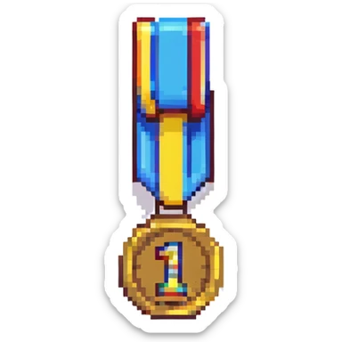 pixel art badge for first place with a gold medal featuring number 1, pixelated style sticker