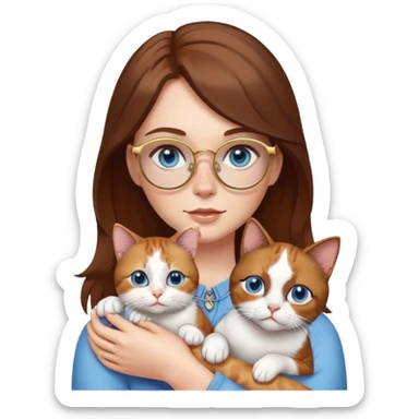 White girl with blue eyes, brown hair, freckles, and gold glasses, holding a small calico cat sticker