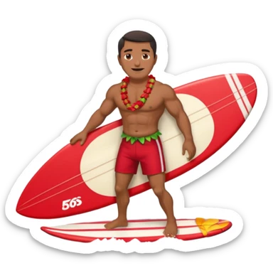 Dark-haired tan muscular 50 year old man with red shorts and shell lei surfing sticker