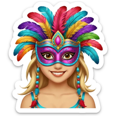 A girl wearing a decorated festival mask with bright feathers, smiling softly beneath it. sticker