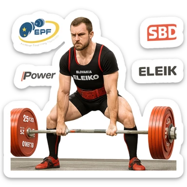 European powerlifter in federal competition, performing deadlift, focused expression, competition clothing, stage with logos, loaded barbell, isolated on white background sticker