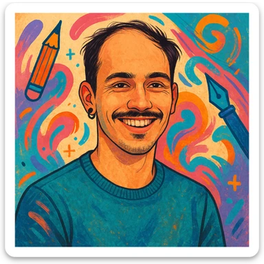 25 year old graphic designer, receding dark hair, thin moustache, black earring left ear, smiling, creative vibe, modern style sticker