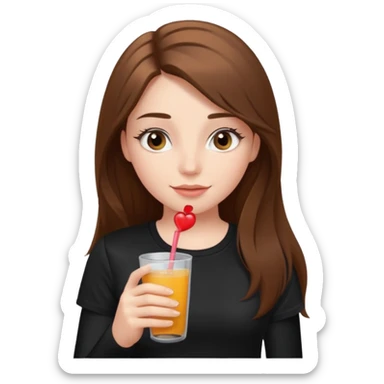girl with long brown hair, rosey cheeks, long eyelashes dressed with a black thight tshirt and a drink in her hand sticker