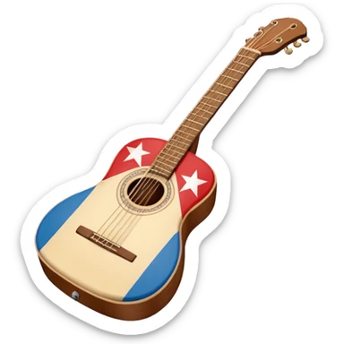 “Flat vector icon of a Cuban tres guitar in three-quarter view, warm brown wood with 3 string courses, thick outline, centered on a warm cream or beige rounded-square (or circle); add a small simplified Cuban flag (blue, red, white) on the soundboard like a sticker.  sticker