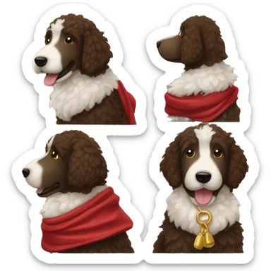 A furry dark brown with white golden doodle in a red scarf sticker