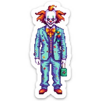 demonic clown wearing a leisure suit with accessories sticker
