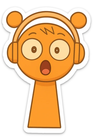 Add a surprised, open mouth expression to the orange character with headphones, maintaining the chibi stickers style with a transparent background. sticker