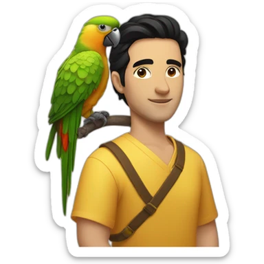 A man with black hair, wearing a honey-colored dress, with a parrot on his shoulder  sticker