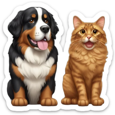 A Bernese dog beside A tortoise shell cat without white fur sticker
