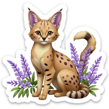 Realistic wild real life cute cool beautiful gorgeous floral pastel-lilac-violet-lavender caracal-serval-civet-genet-hybrid-animal-Fakémon-fursona photo IRL outside (full body) sticker